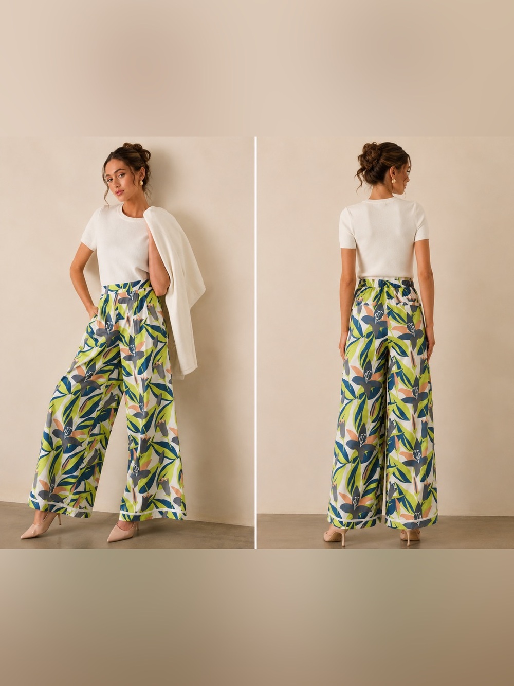 Printed Wide-Leg Tropical Leaf Pants in Green and Blue